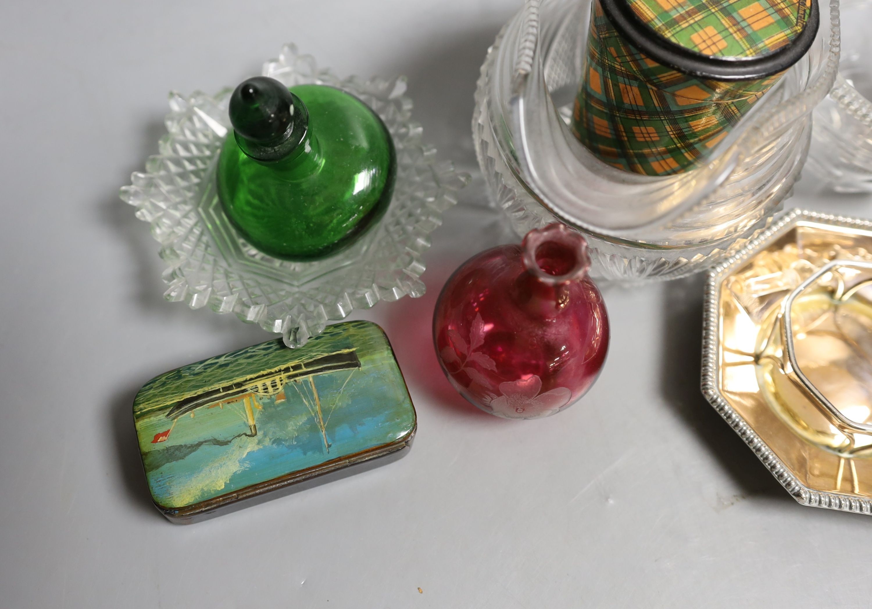 A Mauchlineware glass tumbler, a South Staffordshire enamel oval patch box, cut glass jug etc - 10 in total